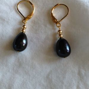 14K Gold Earrings Black Pearl Dangle Earrings